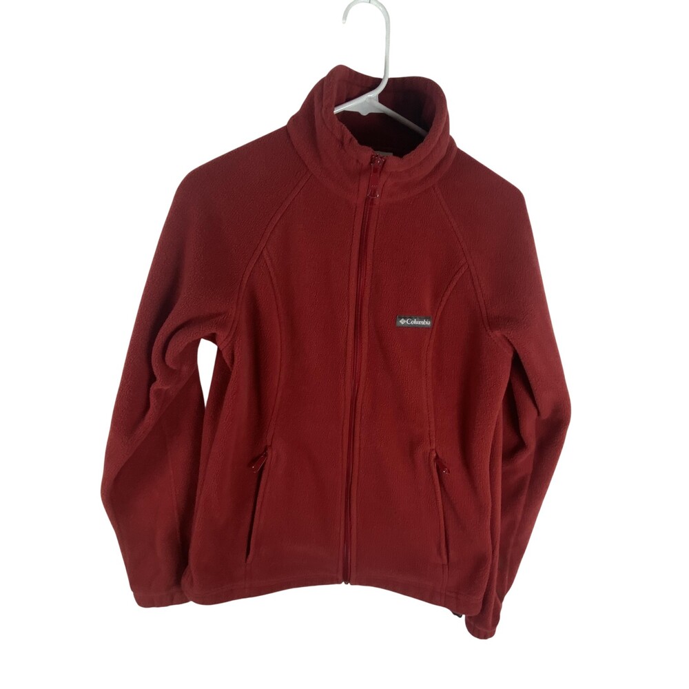 Columbia Fleece Jacket Womens Medium Red Full Zip Stand Collar Pockets Outdoor